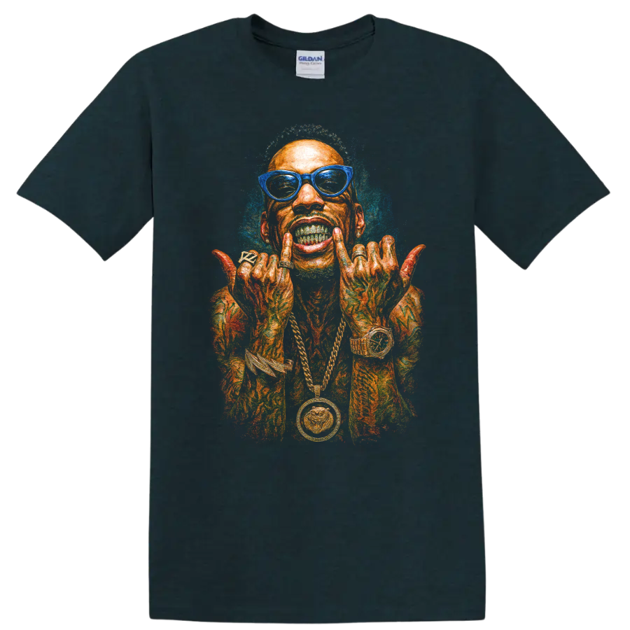 Tyga colorful hip-hop portrait with blue glasses and bold street-art style on a Midnight (Green) T Shirt