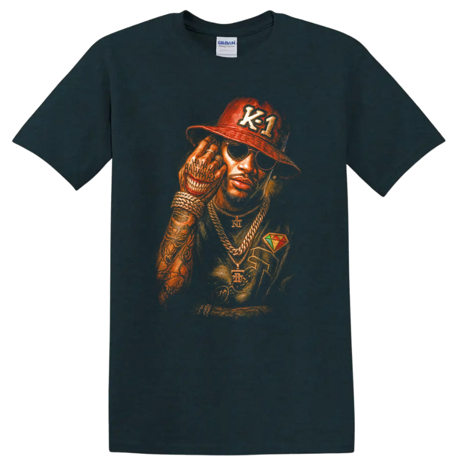 Future hip-hop stylized portrait with red cap, sunglasses, and gold chains on a Midnight (Green) T Shirt