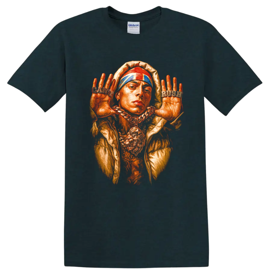 Central Cee UK drill portrait graphic with raised hands and bold streetwear style on a Midnight (Green) T Shirt