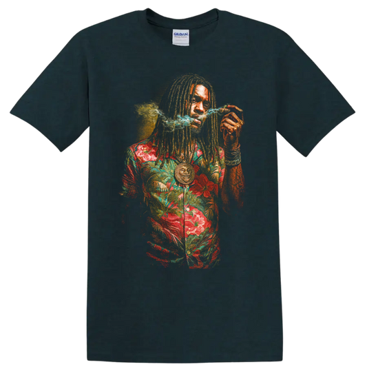 Bob Marley reggae portrait graphic with dreadlocks and floral shirt on a Midnight (Green) T Shirt