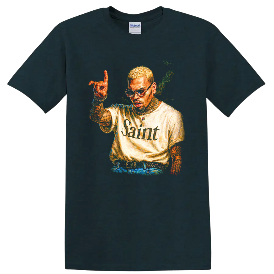 Chris Brown Saint portrait graphic with raised hand and colorful urban-art style on a Midnight (Green) T Shirt