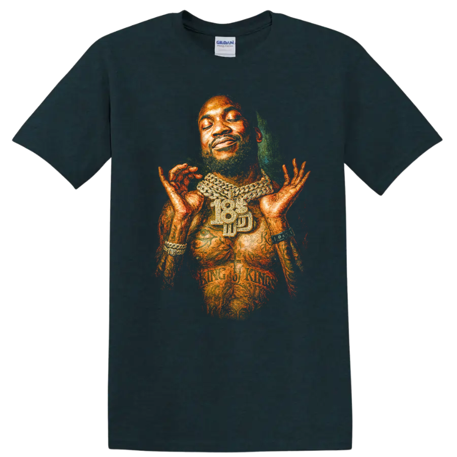 Meek Mill artistic hip-hop portrait with layered chain jewelry on a Midnight (Green) T Shirt