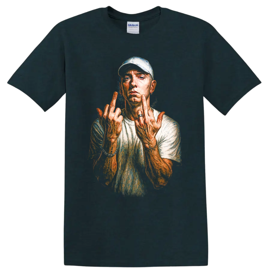 Eminem Slim Shady portrait illustration with raised middle fingers on a Midnight (Green) T Shirt