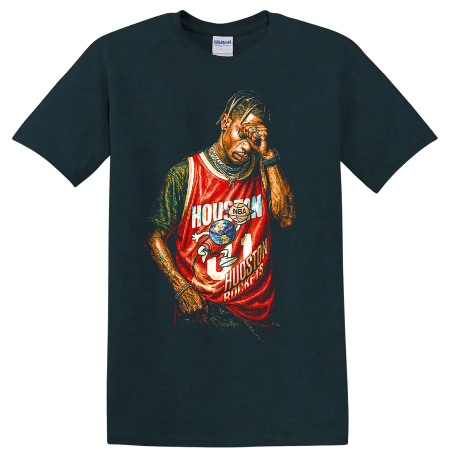 Travis Scott Houston Rockets distressed basketball jersey graphic on a Midnight (Green) T Shirt