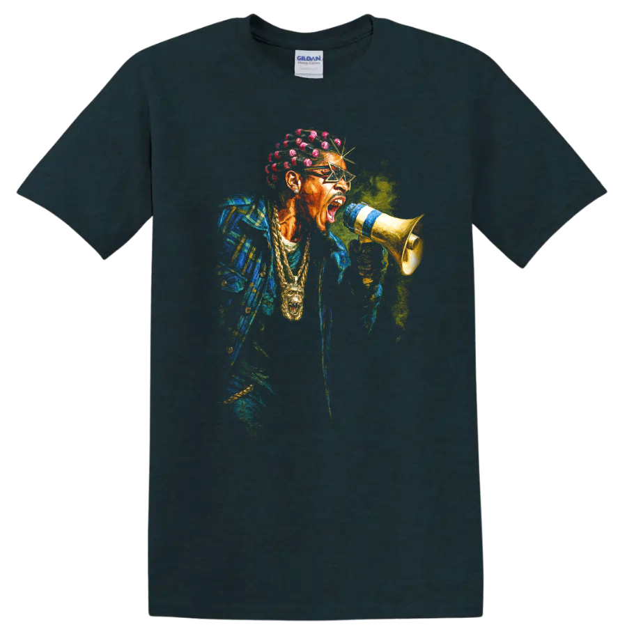 Playboi Carti colorful digital hip-hop portrait holding a megaphone on a Midnight (Green) T Shirt