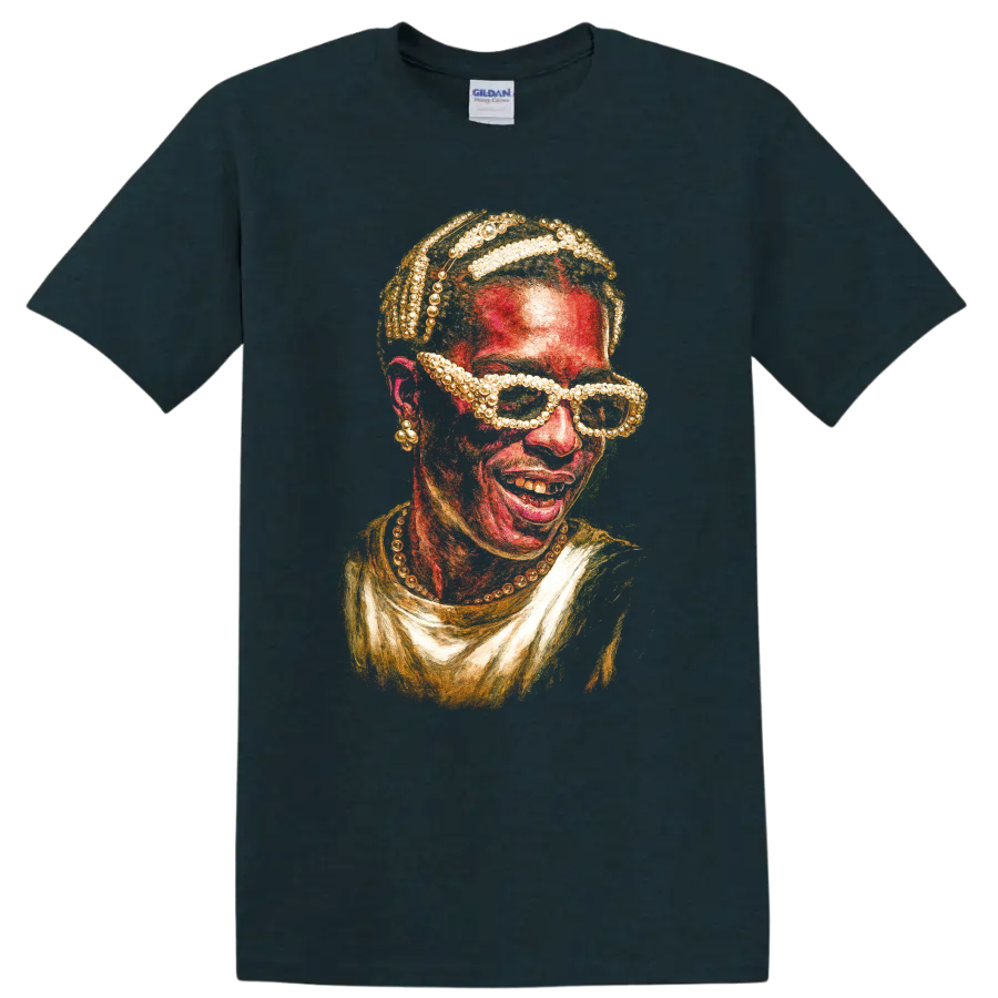 A$AP Ferg stylized hip-hop portrait artwork with textured red and gold details on a Midnight (Green) T Shirt