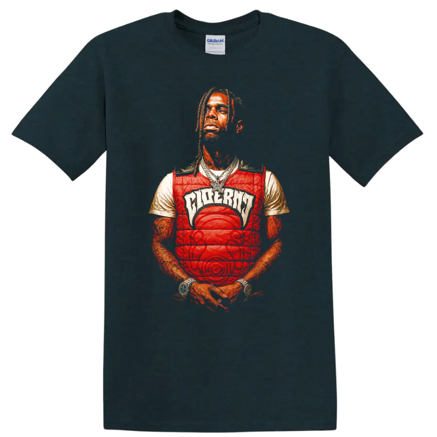 Travis Scott stylized red-toned hip-hop portrait graphic on a Midnight (Green) T Shirt