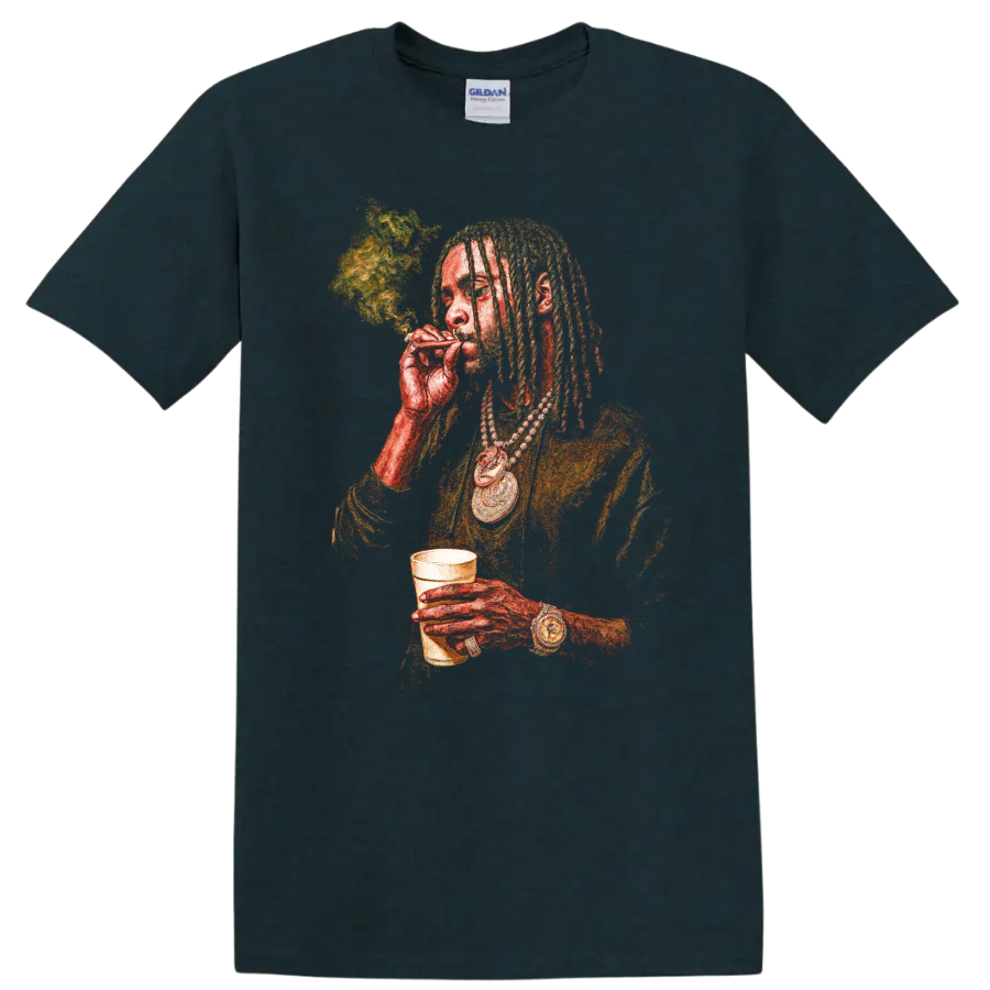 Young Thug trap artist portrait graphic with dreadlocks and gold chains on a Midnight (Green) T Shirt