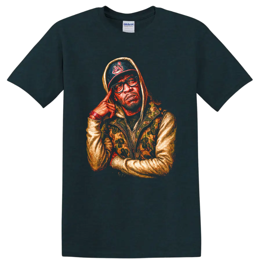 Roc Marciano hooded portrait with tinted glasses, colorful illustrated style on a Midnight (Green) T Shirt