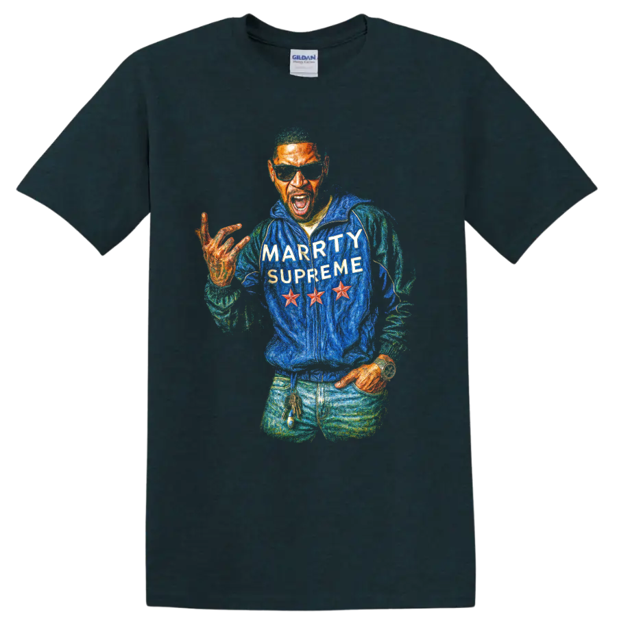Kid Cudi Marty Supreme colorful hip-hop portrait graphic on a Midnight (Green) T Shirt