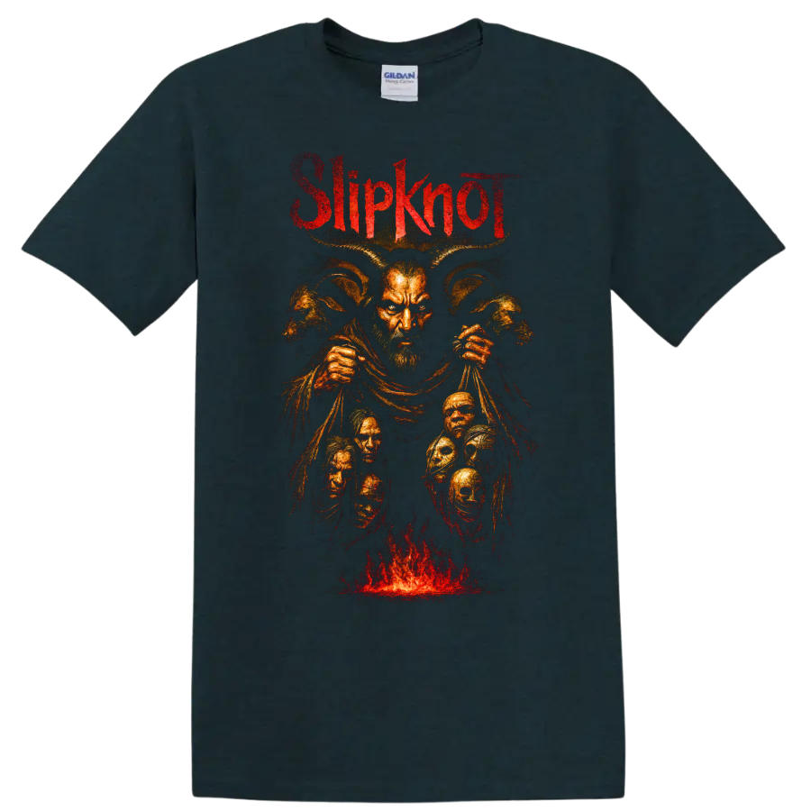 Slipknot Spit It Out dark metal graphic with horned figure and flames on a Midnight (Green) T Shirt