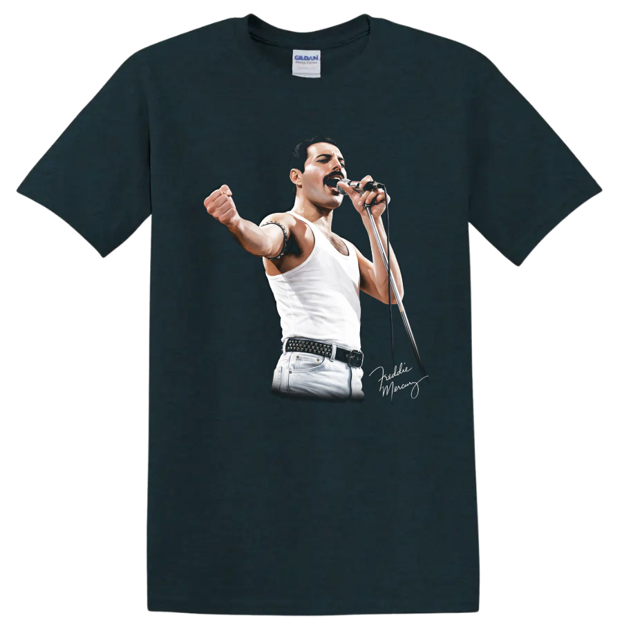 Freddie Mercury singing into a microphone in a dramatic rock performance graphic on a Midnight (Green) T Shirt