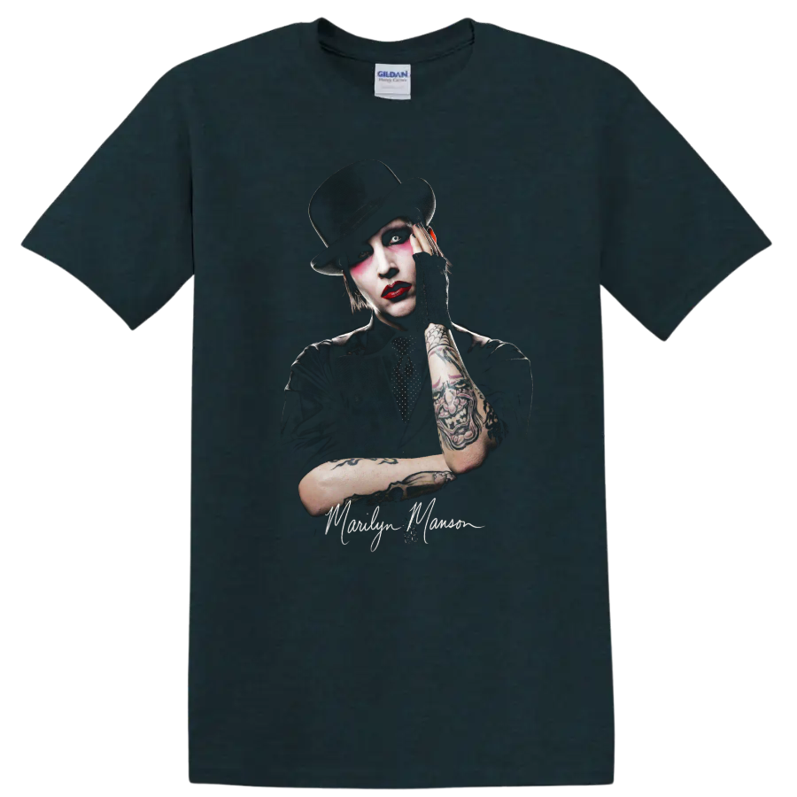 Marilyn Manson theatrical rock portrait with top hat and dramatic makeup on a Midnight (Green) T Shirt
