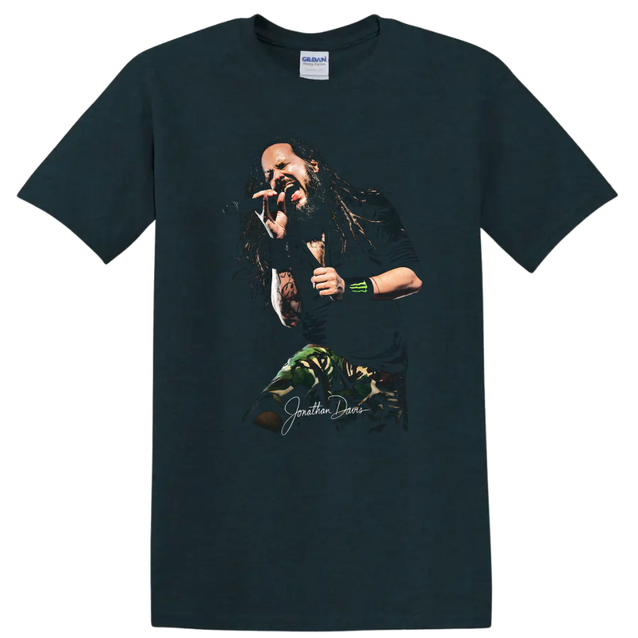 Jonathan Davis of Korn performing with a microphone in a dramatic sketch style on a Midnight (Green) T Shirt
