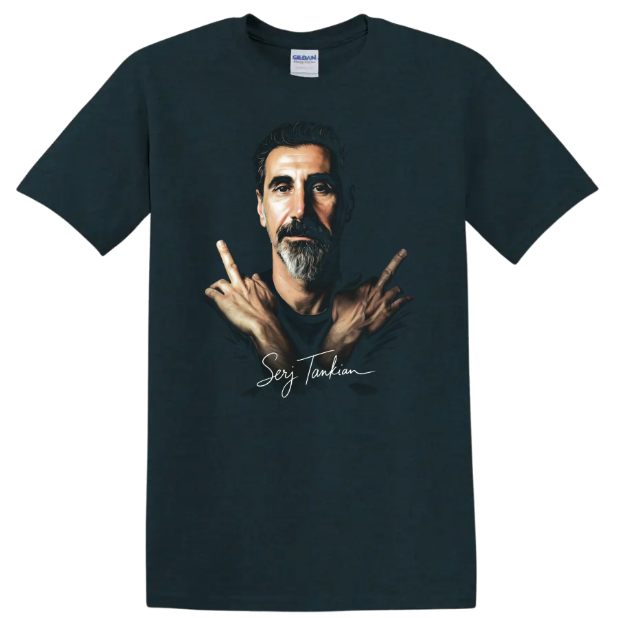 Serj Tankian portrait with crossed hands, dramatic alternative metal art on a Midnight (Green) T Shirt