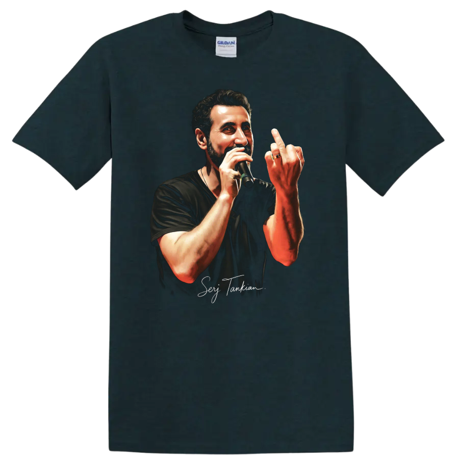 Serj Tankian pop-art portrait performing with a microphone on a Midnight (Green) T Shirt