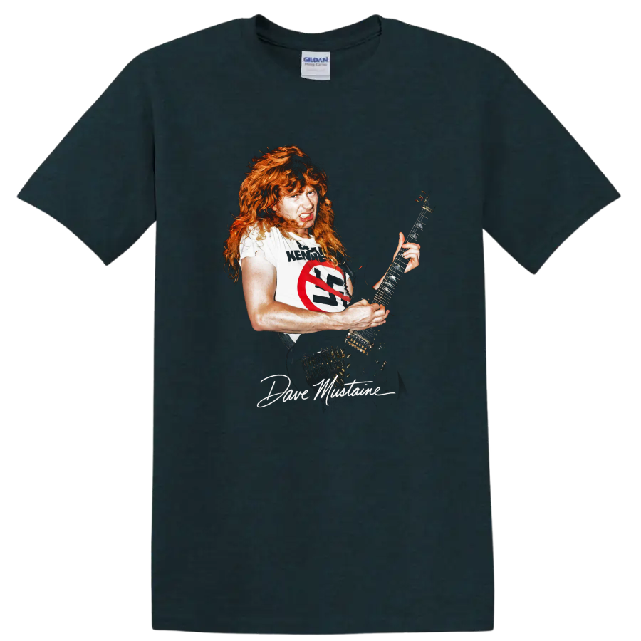 Dave Mustaine playing guitar in a bold thrash metal graphic on a Midnight (Green) T Shirt