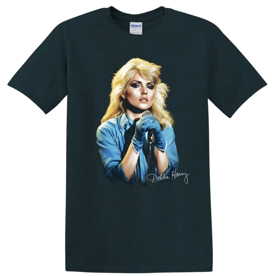 Debbie Harry Blondie singer portrait with microphone and signature on a Midnight (Green) T Shirt