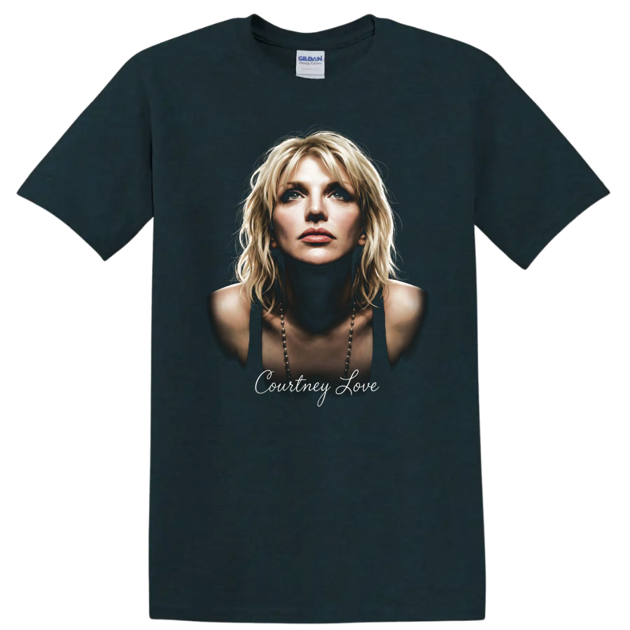 Courtney Love portrait with script text in a moody alternative rock design on a Midnight (Green) T Shirt