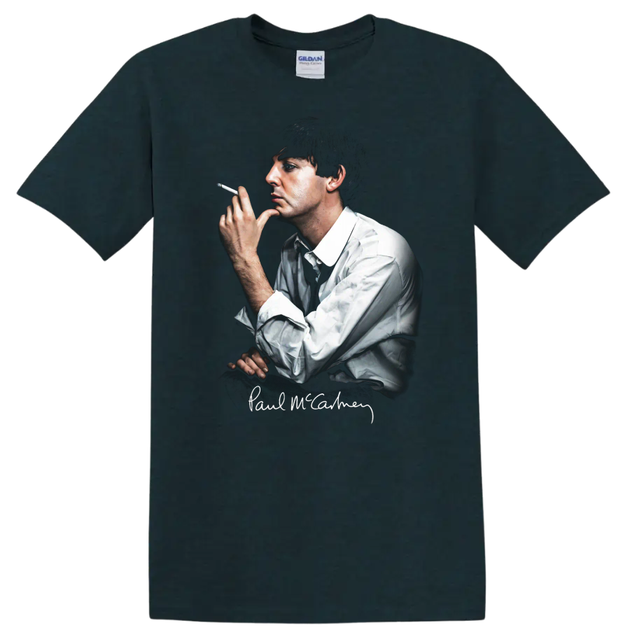 Paul McCartney portrait graphic with signature and cigarette on a Midnight (Green) T Shirt