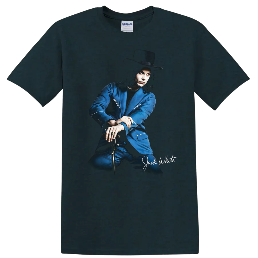 Jack White illustrated portrait in blue suit and wide-brim hat on a Midnight (Green) T Shirt