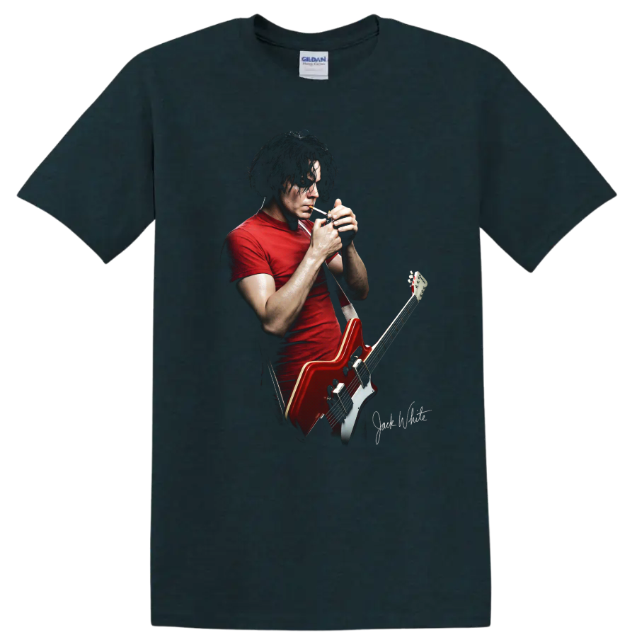 Jack White performing with a red guitar graphic print on a Midnight (Green) T Shirt