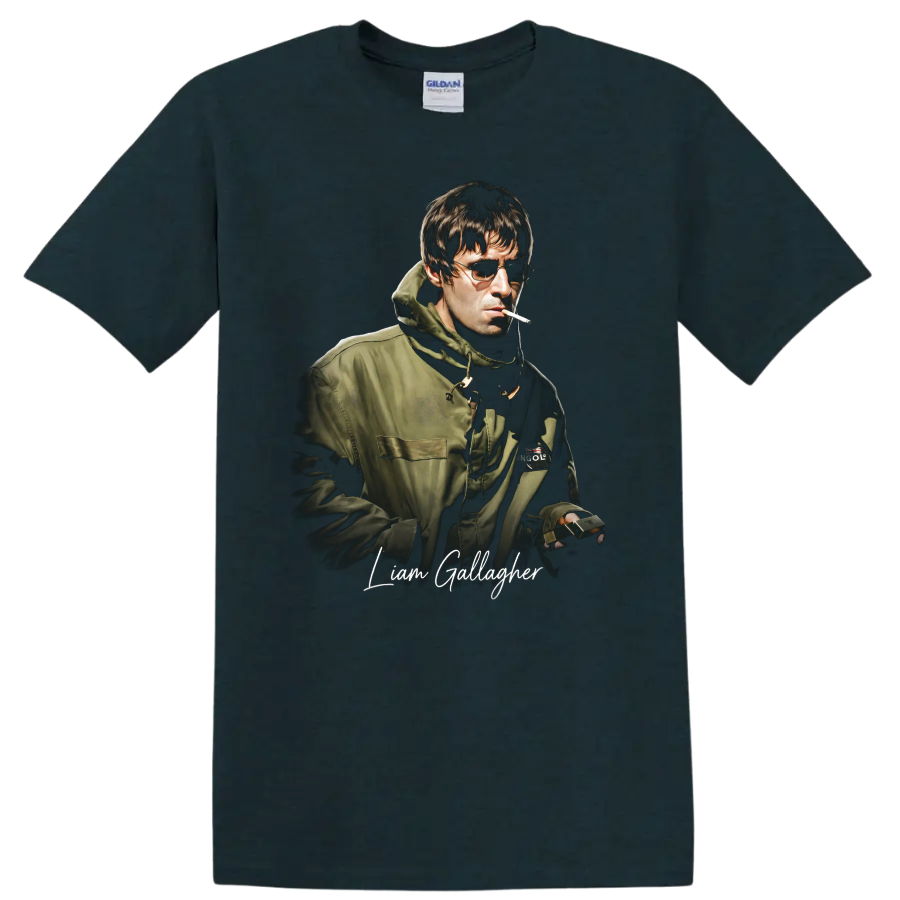 Liam Gallagher Oasis Britpop portrait with sunglasses and script lettering on a Midnight (Green) T Shirt