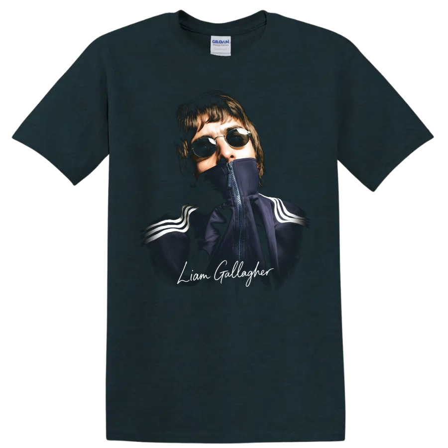 Liam Gallagher portrait with sunglasses and handwritten name graphic on a Midnight (Green) T Shirt