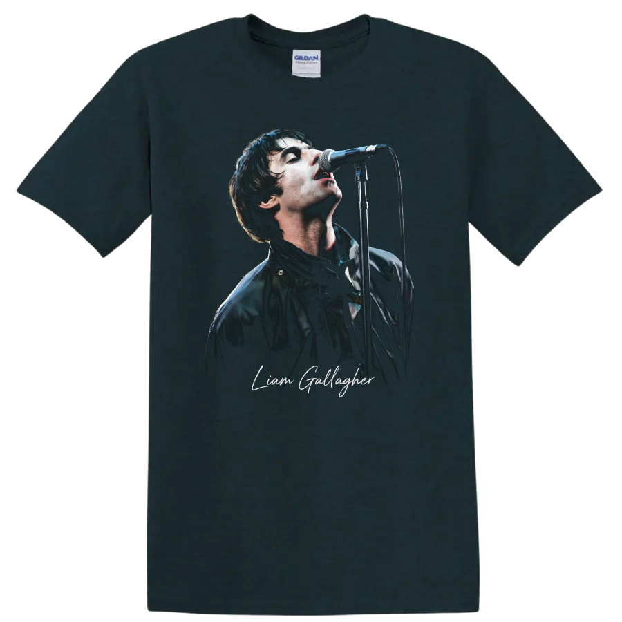 Liam Gallagher performing at a microphone in a high-contrast portrait graphic on a Midnight (Green) T Shirt