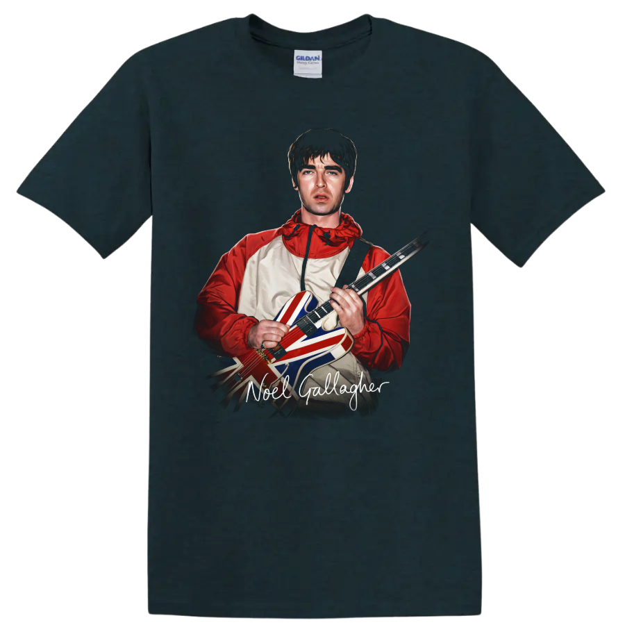 Noel Gallagher Oasis portrait with Union Jack guitar and signature text on a Midnight (Green) T Shirt