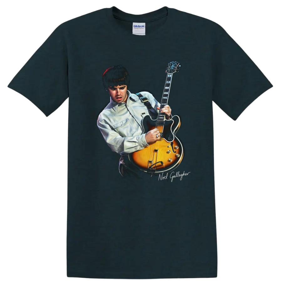 Noel Gallagher playing a sunburst Epiphone Riviera guitar graphic on a Midnight (Green) T Shirt
