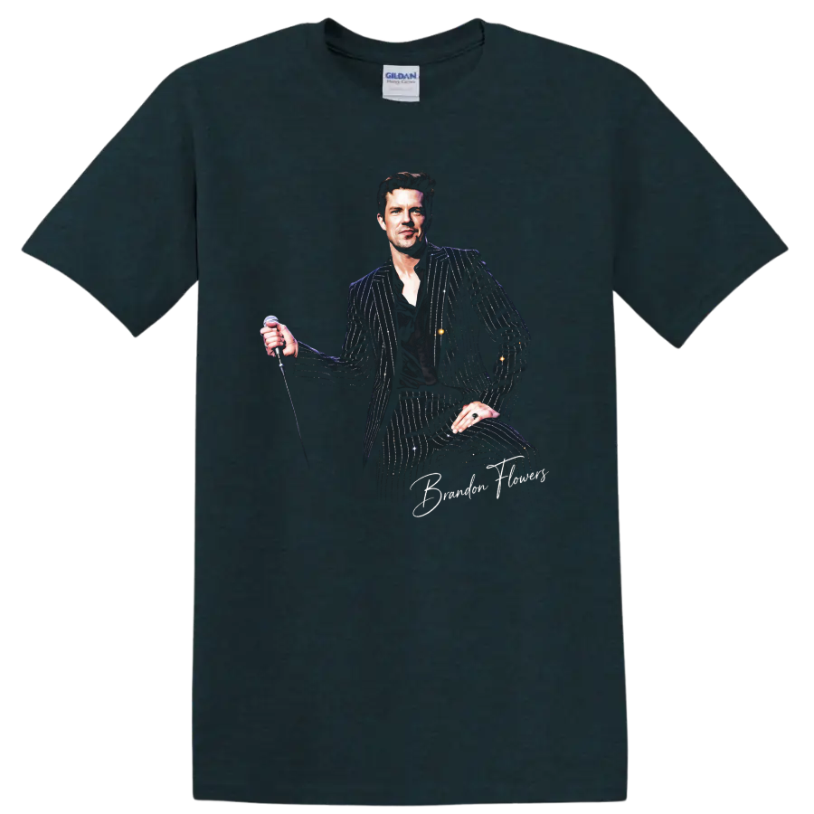 Brandon Flowers of The Killers illustrated portrait holding a microphone on a Midnight (Green) T Shirt