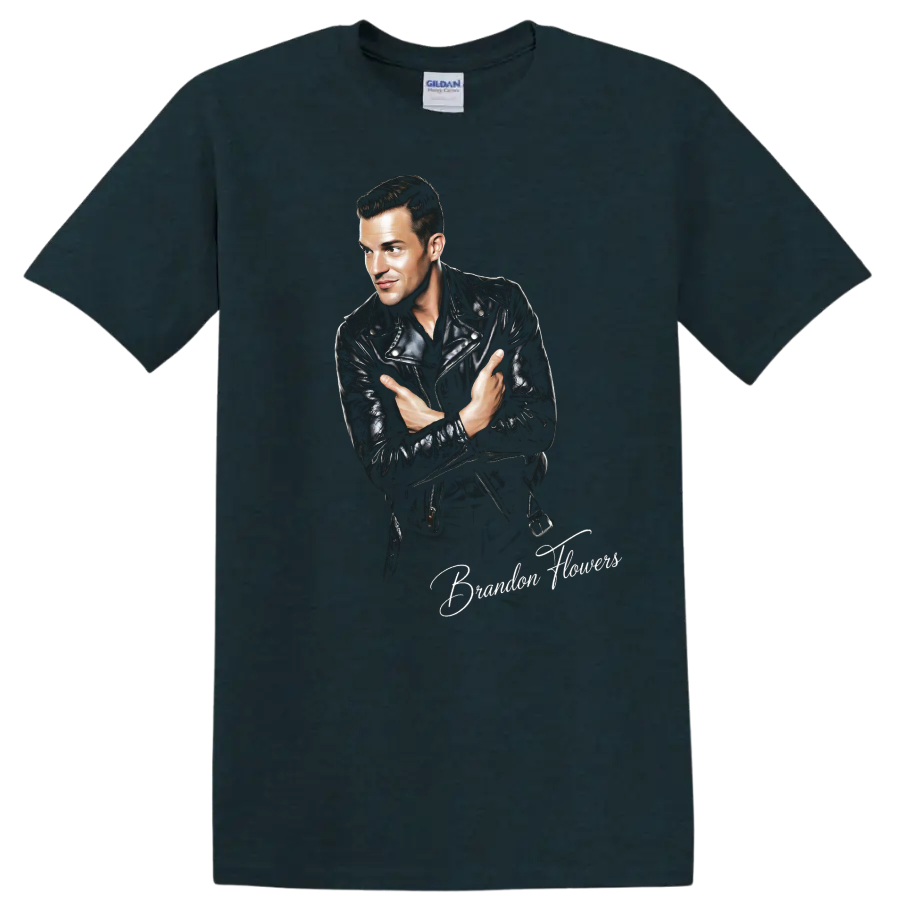 Brandon Flowers portrait in leather jacket, rock music graphic on a Midnight (Green) T Shirt