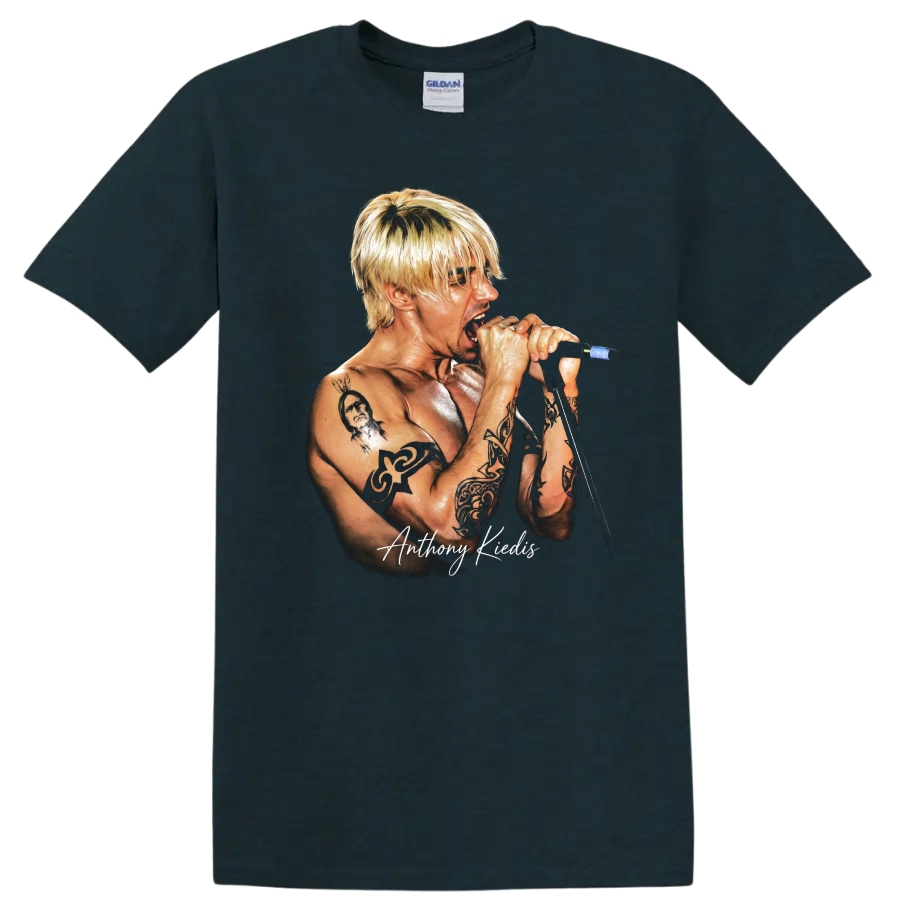 Anthony Kiedis performing into a microphone, detailed rock music portrait on a Midnight (Green) T Shirt