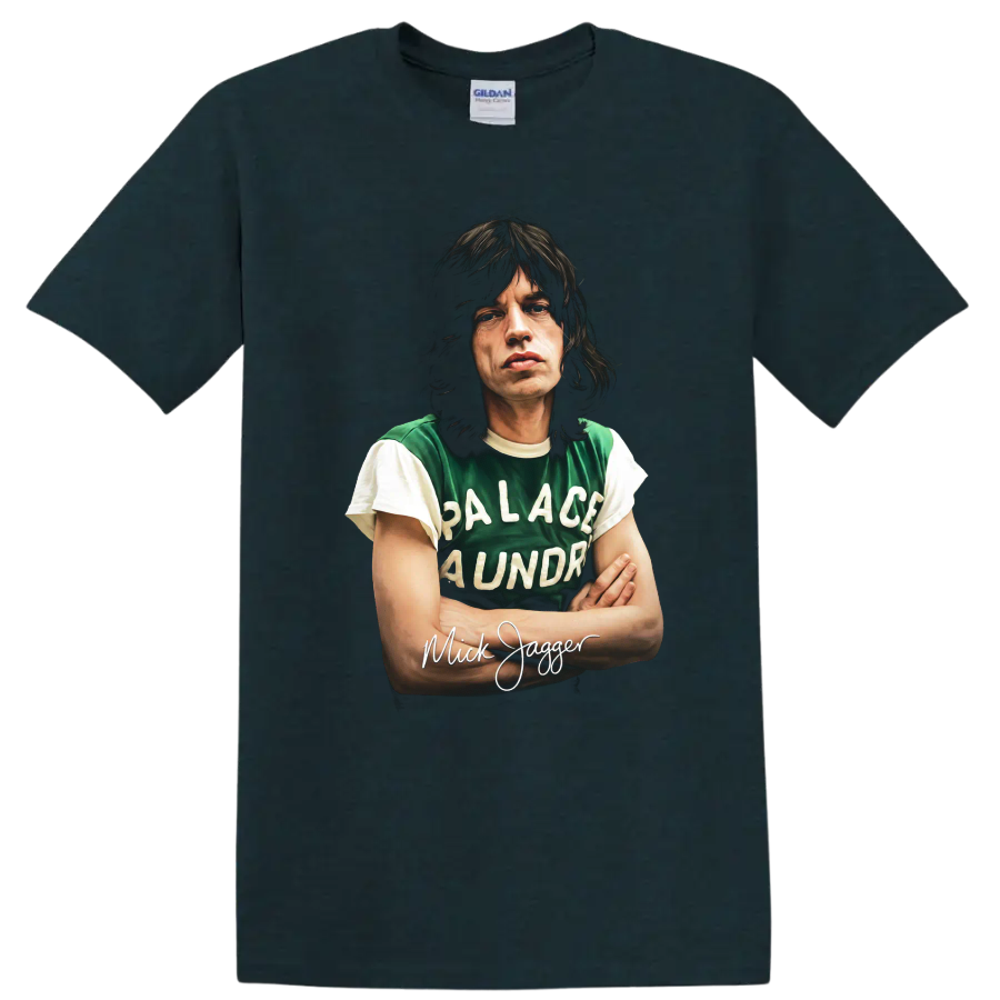 Mick Jagger Palace Laundry portrait graphic with handwritten name on a Midnight (Green) T Shirt