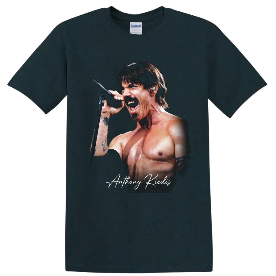 Anthony Kiedis singing into a microphone, rock portrait graphic on a Midnight (Green) T Shirt