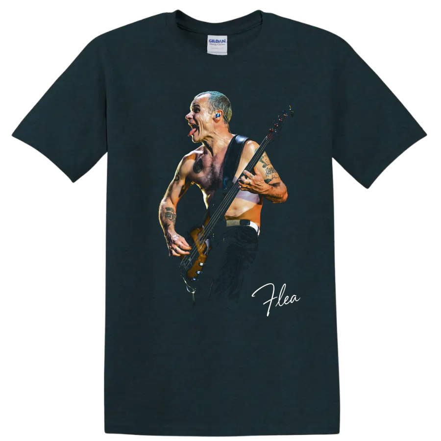 Flea playing bass in a dynamic Red Hot Chili Peppers graphic on a Midnight (Green) T Shirt
