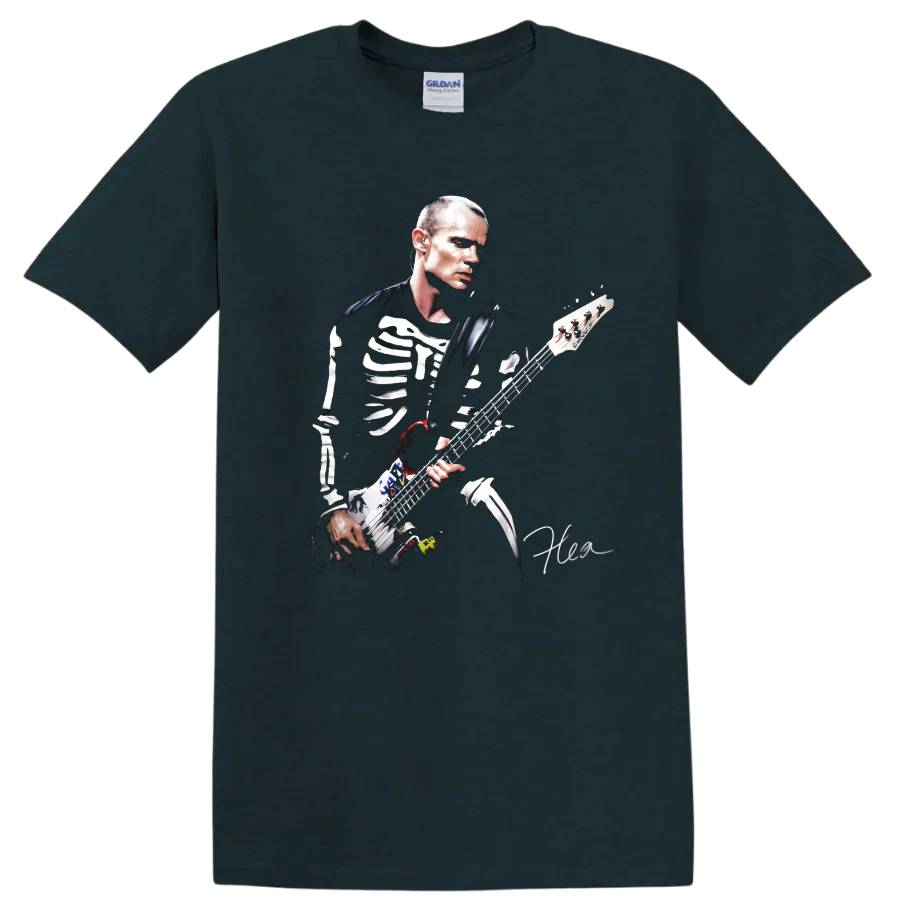 Flea playing bass in a dramatic Red Hot Chili Peppers poster design on a Midnight (Green) T Shirt