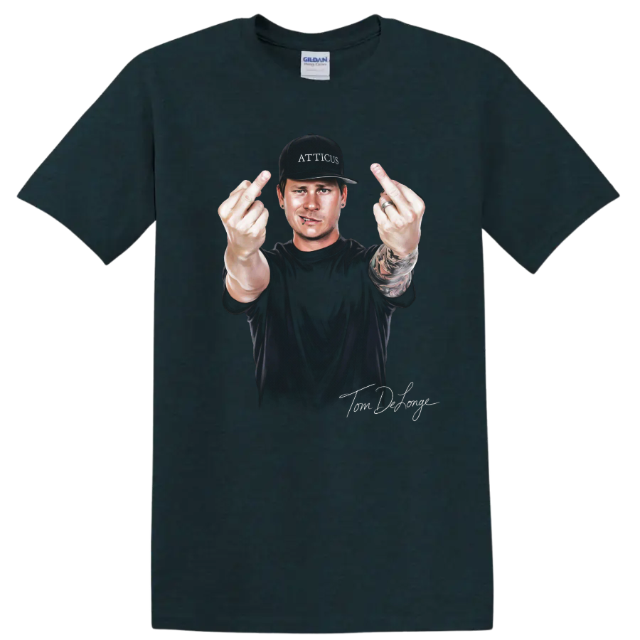 Tom DeLonge Blink-182 pop-punk portrait with rebellious hand gesture on a Midnight (Green) T Shirt
