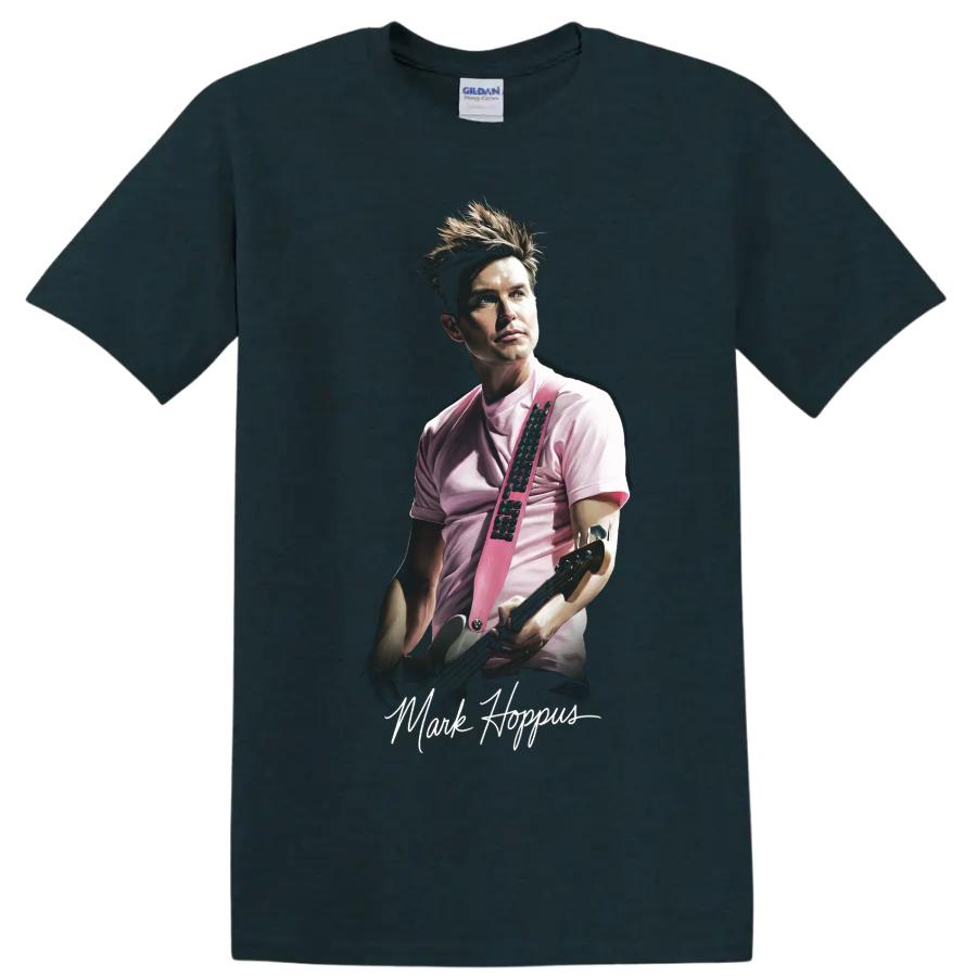 Mark Hoppus blink-182 pop-punk portrait holding a guitar on a Midnight (Green) T Shirt