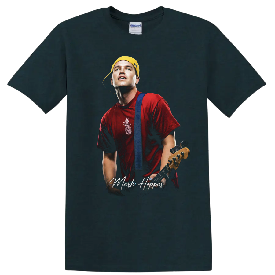 Mark Hoppus Blink-182 pop-punk portrait with bass guitar on a Midnight (Green) T Shirt