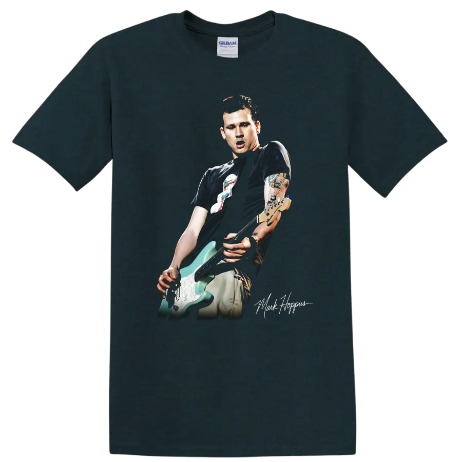 Mark Hoppus of Blink-182 playing an electric guitar in pop-punk graphic art on a Midnight (Green) T Shirt