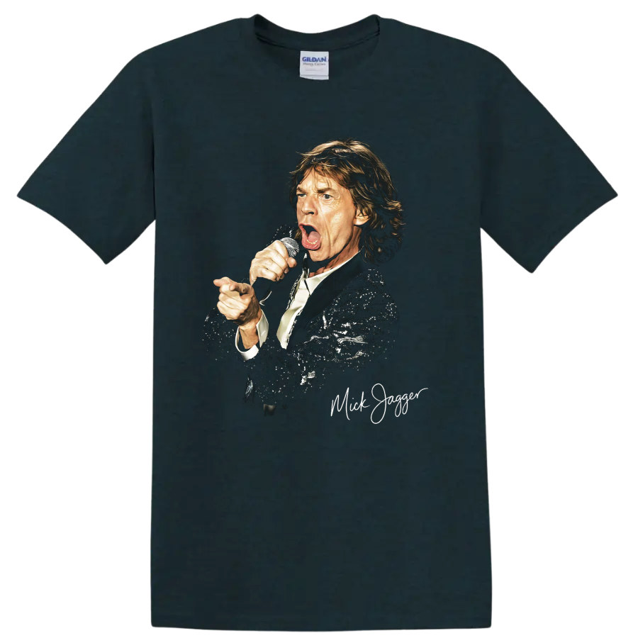 Mick Jagger The Rolling Stones performance portrait graphic print on a Midnight (Green) T Shirt