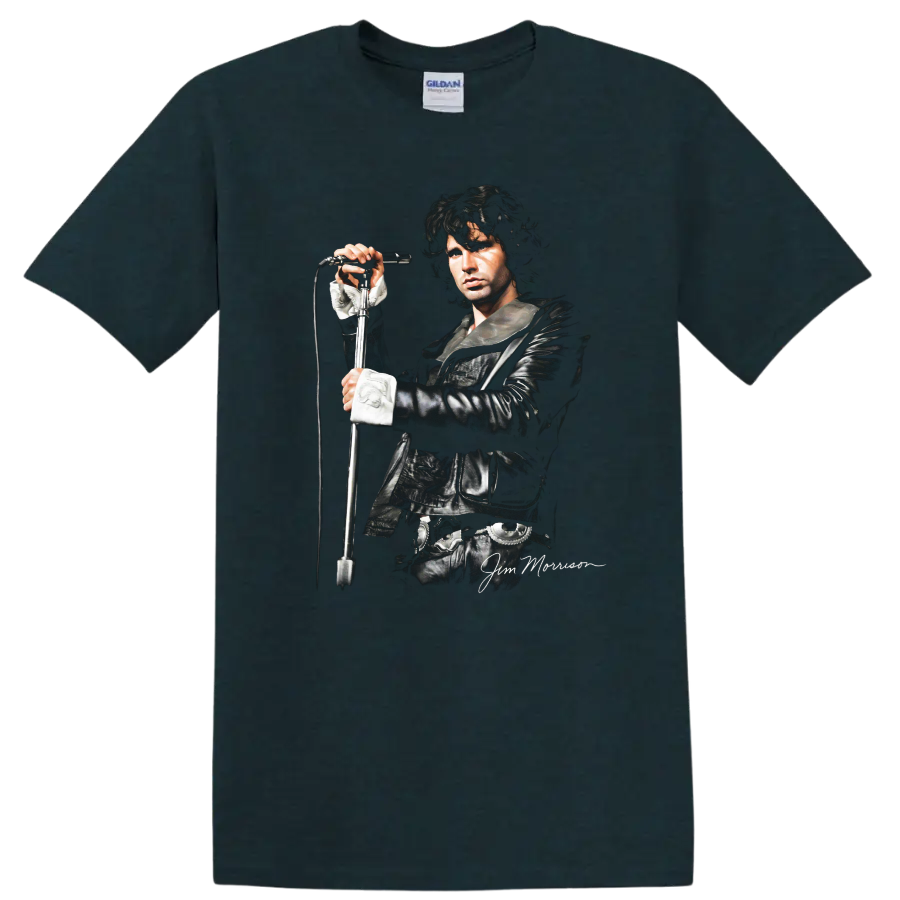 Jim Morrison of The Doors black and white rock portrait with microphone on a Midnight (Green) T Shirt