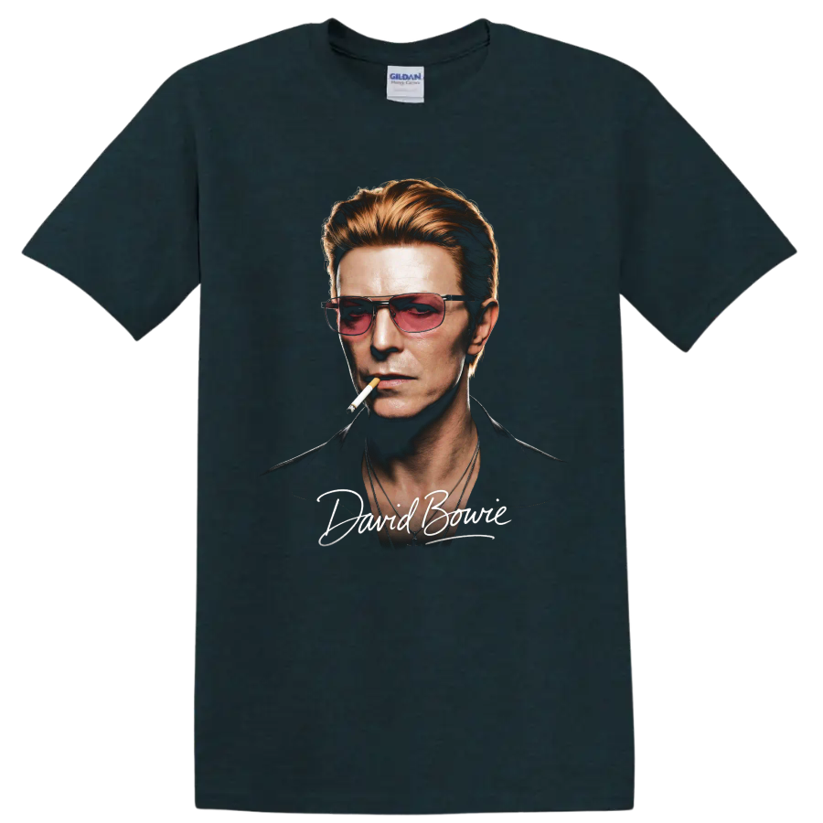 David Bowie portrait graphic with sunglasses, cigarette, and signature text on a Midnight (Green) T Shirt