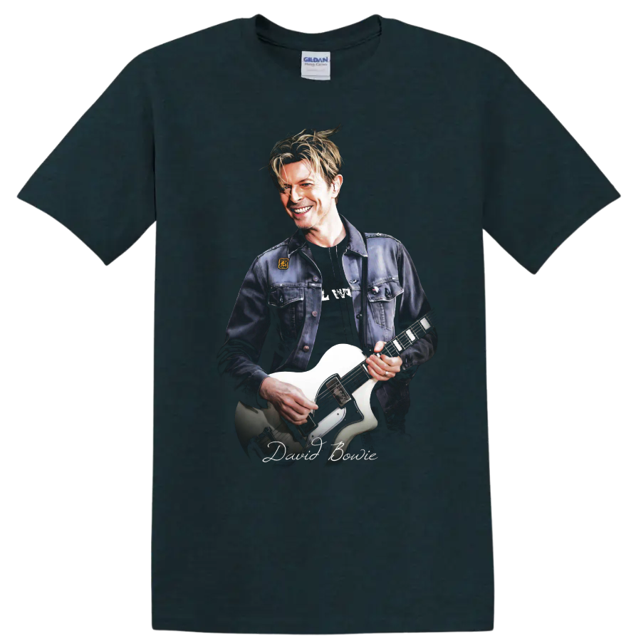 David Bowie portrait playing a white electric guitar graphic print on a Midnight (Green) T Shirt