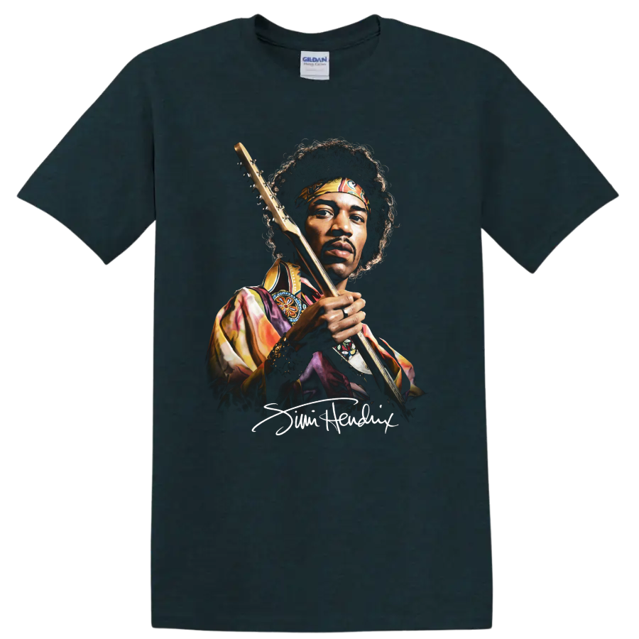 Jimi Hendrix watercolor portrait holding a guitar on a Midnight (Green) T Shirt