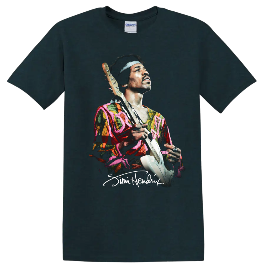 Jimi Hendrix psychedelic portrait holding an electric guitar on a Midnight (Green) T Shirt