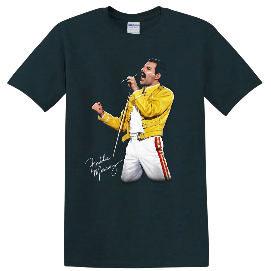 Freddie Mercury performing in yellow 1986 Magic Tour outfit graphic on a Midnight (Green) T Shirt