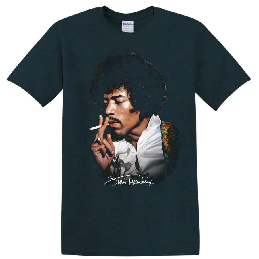 Jimi Hendrix psychedelic rock portrait with signature on a Midnight (Green) T Shirt